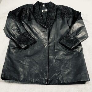 Outbrook Leather Coat Womens Large Black Long Baroque Suede Detail 80s Vintage